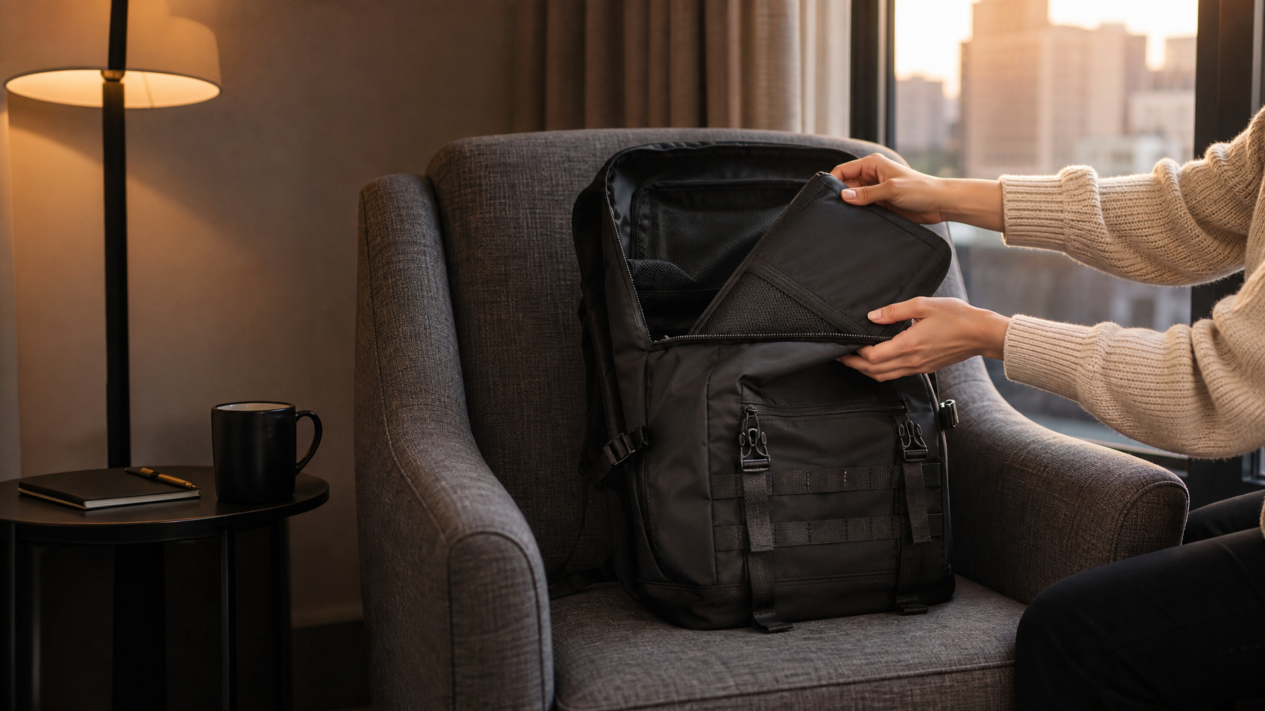 Hands lifting one packing cube from an open black backpack on a hotel armchair