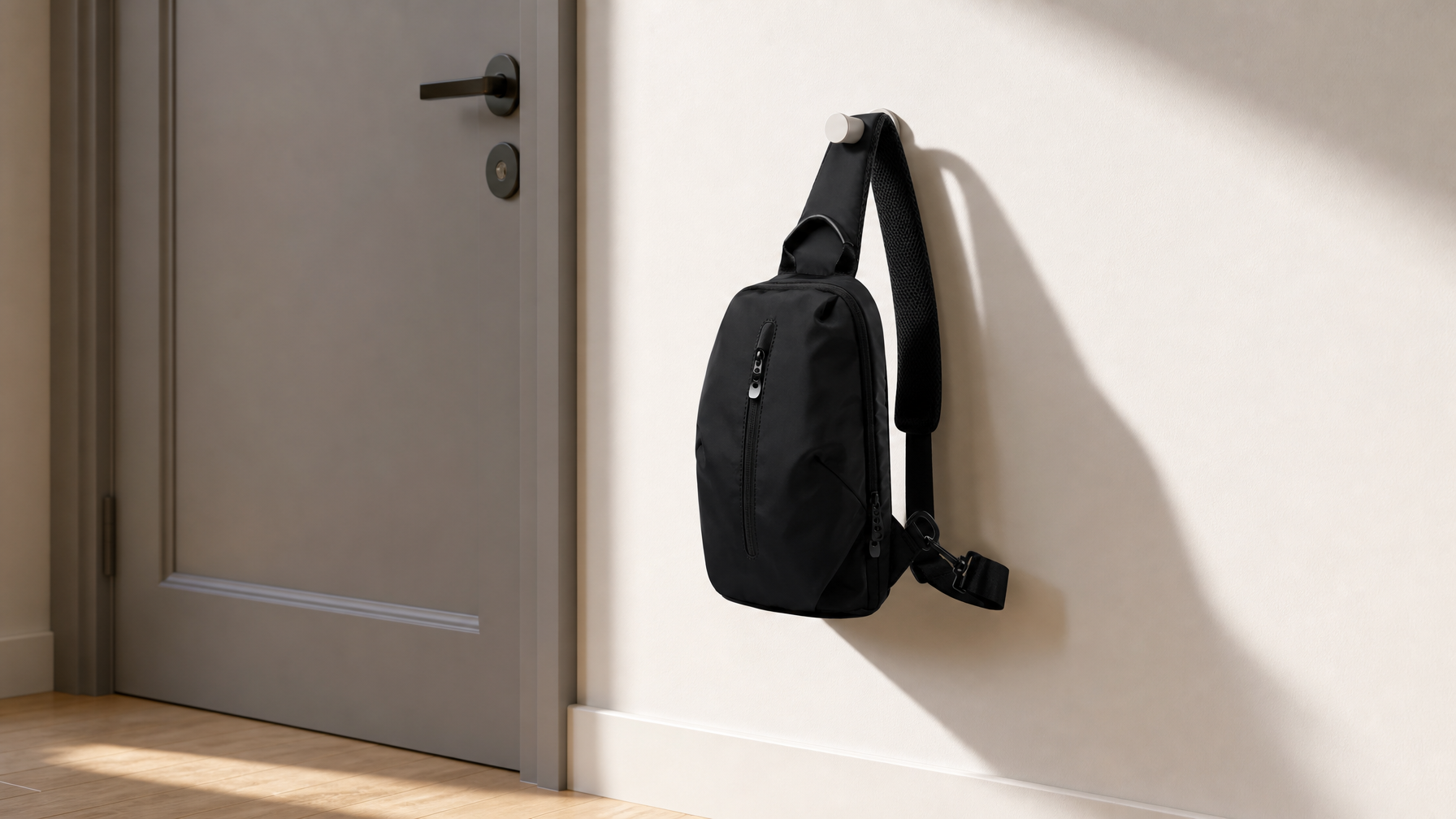 Compact matte black sling bag hanging on a white wall hook beside an apartment door, morning light casting a clean side shadow, clean residential entryway