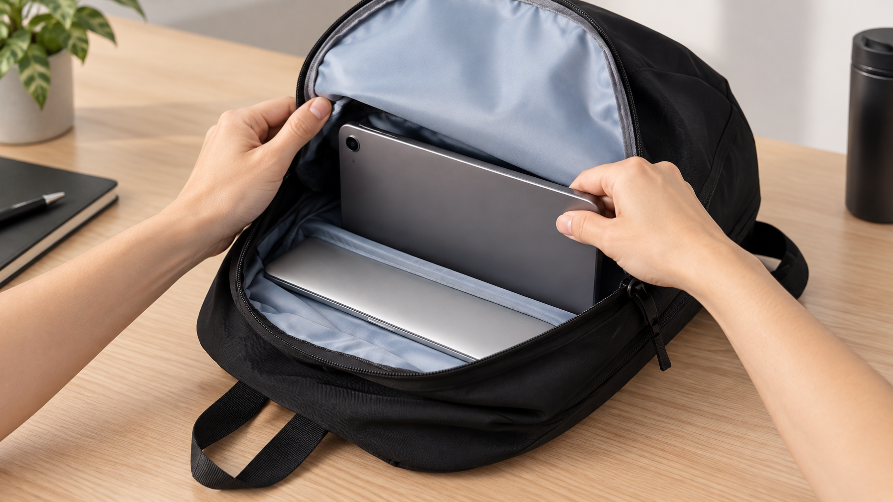Hands placing a tablet into a black backpack that already holds a slim laptop