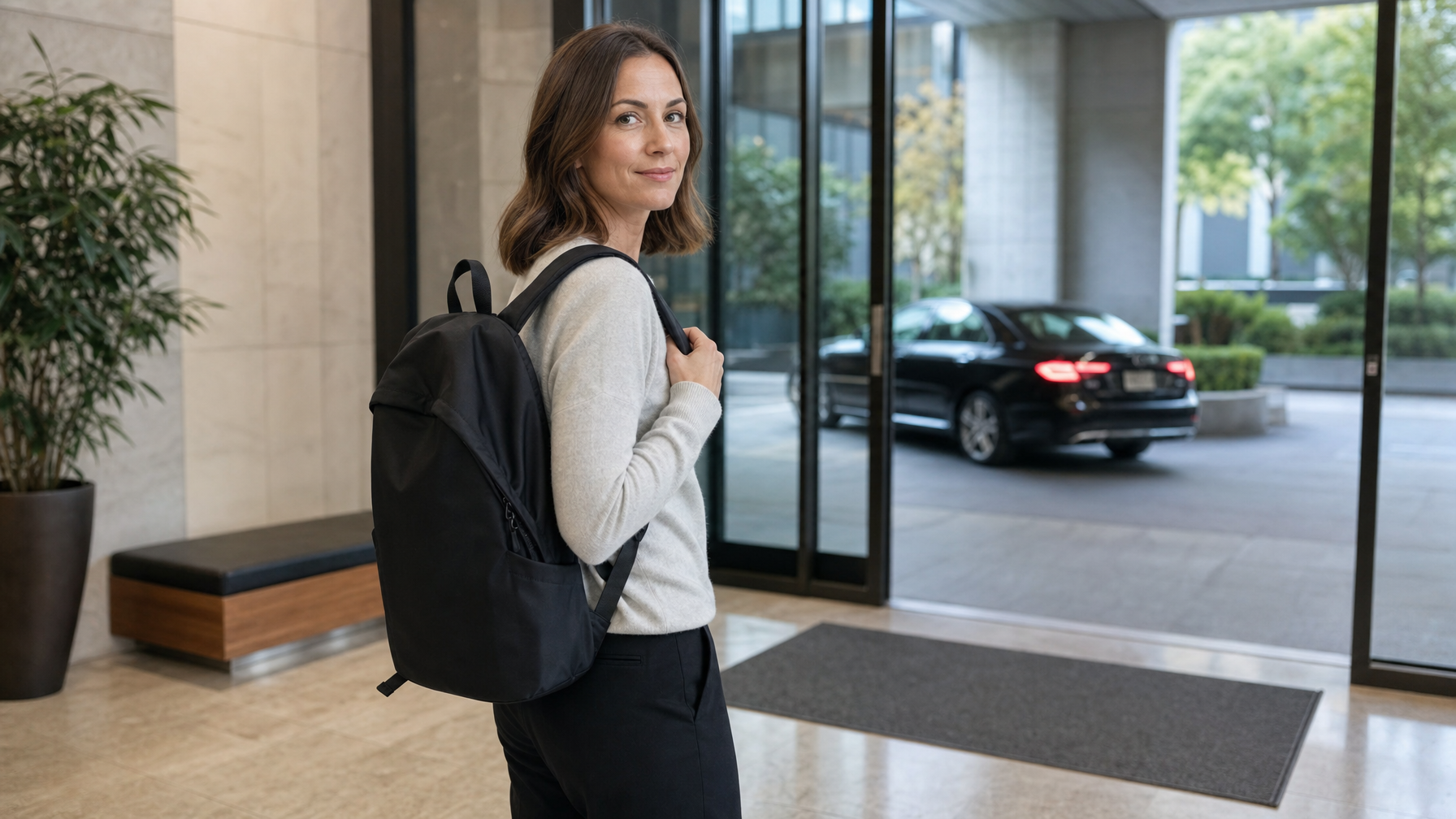 Woman in a pale gray sweater standing in an office lobby drop-off with a black two-strap backpack on both shoulders
