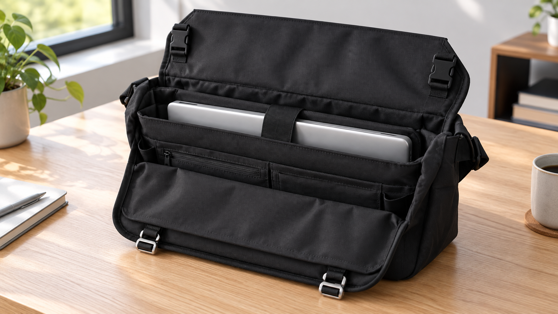 Open black 600D Oxford messenger with a closed 14-inch laptop seated in a dedicated padded sleeve on a light oak desk