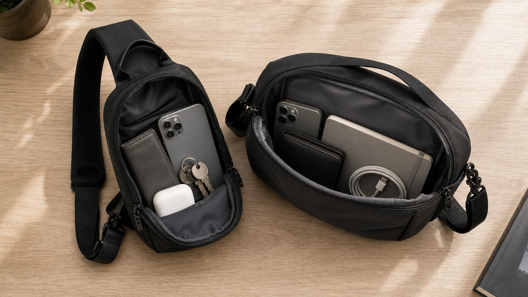 Overhead flat lay of two open compact matte black bags with different everyday loads on a light wood table