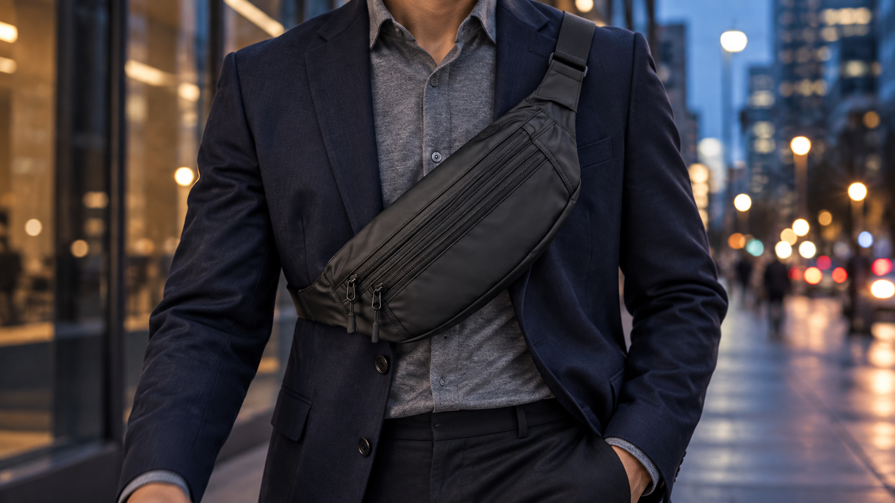 Close view of a black waist pack worn crossbody over a navy blazer and gray shirt on a city sidewalk at dusk