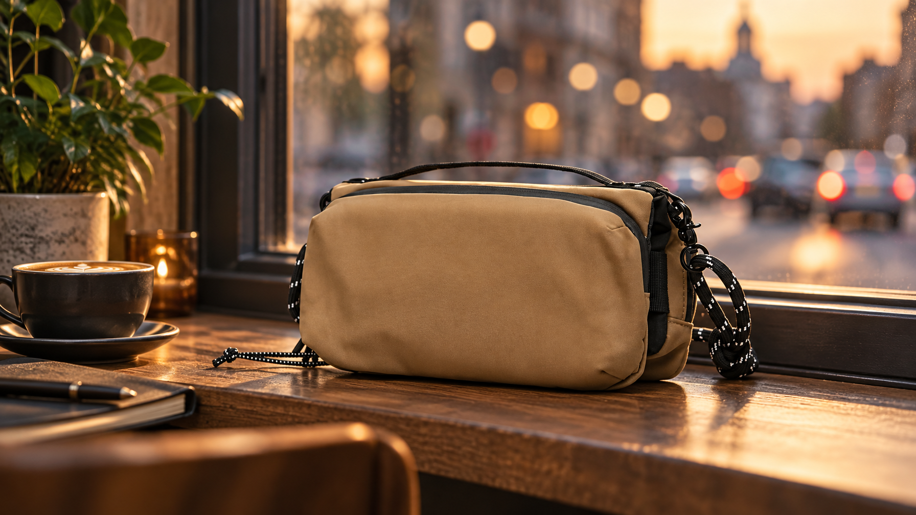 Compact organized everyday crossbody resting on a café windowsill at the end of the day