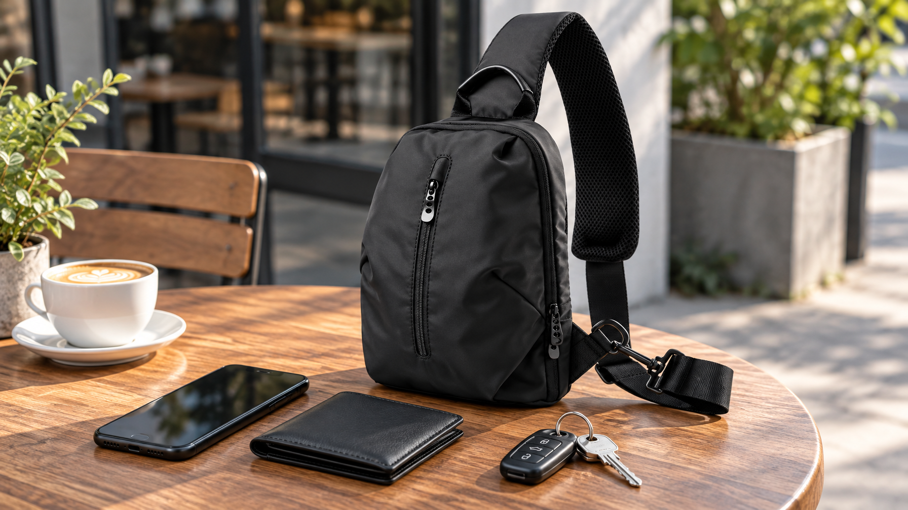 Compact black sling on a cafe table with phone, wallet, and keys only