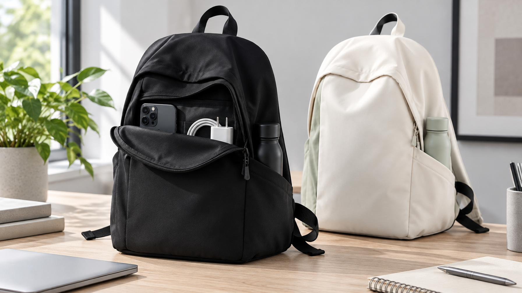 Black everyday backpack open on a desk with front quick-access pocket and expandable side pocket holding a water bottle