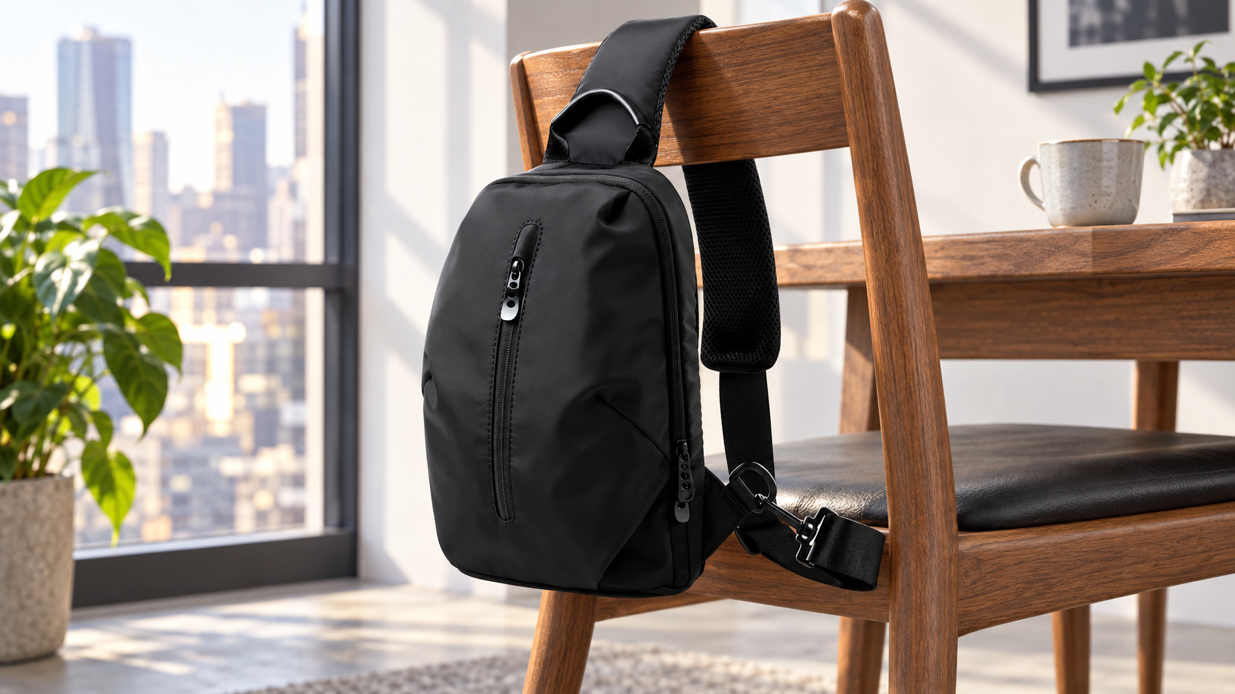 Black compact tablet sling hanging on a wooden chair by a single adjustable strap