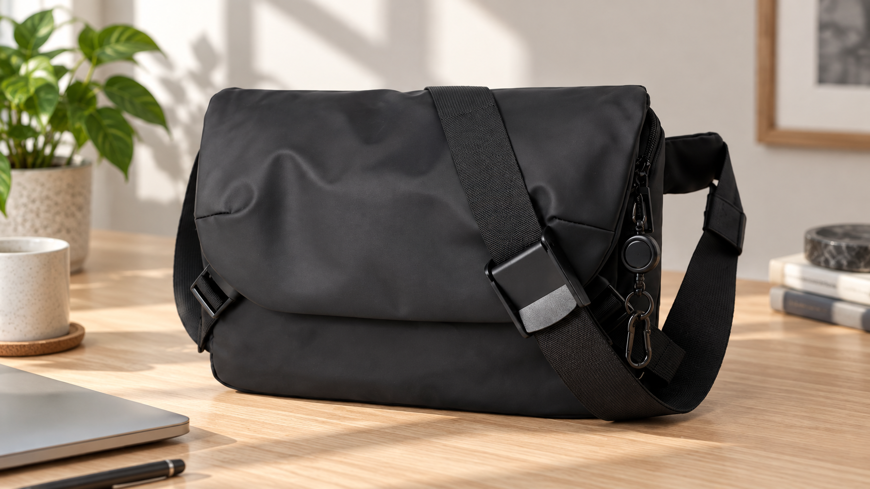 Closed black slim flap laptop brief on a light oak desk with the front zip pocket and hasp lock visible