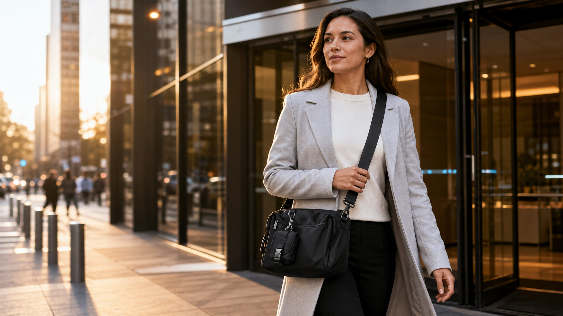 Woman in a light gray coat leaving a modern office tower at golden hour with a matte black messenger bag worn crossbody