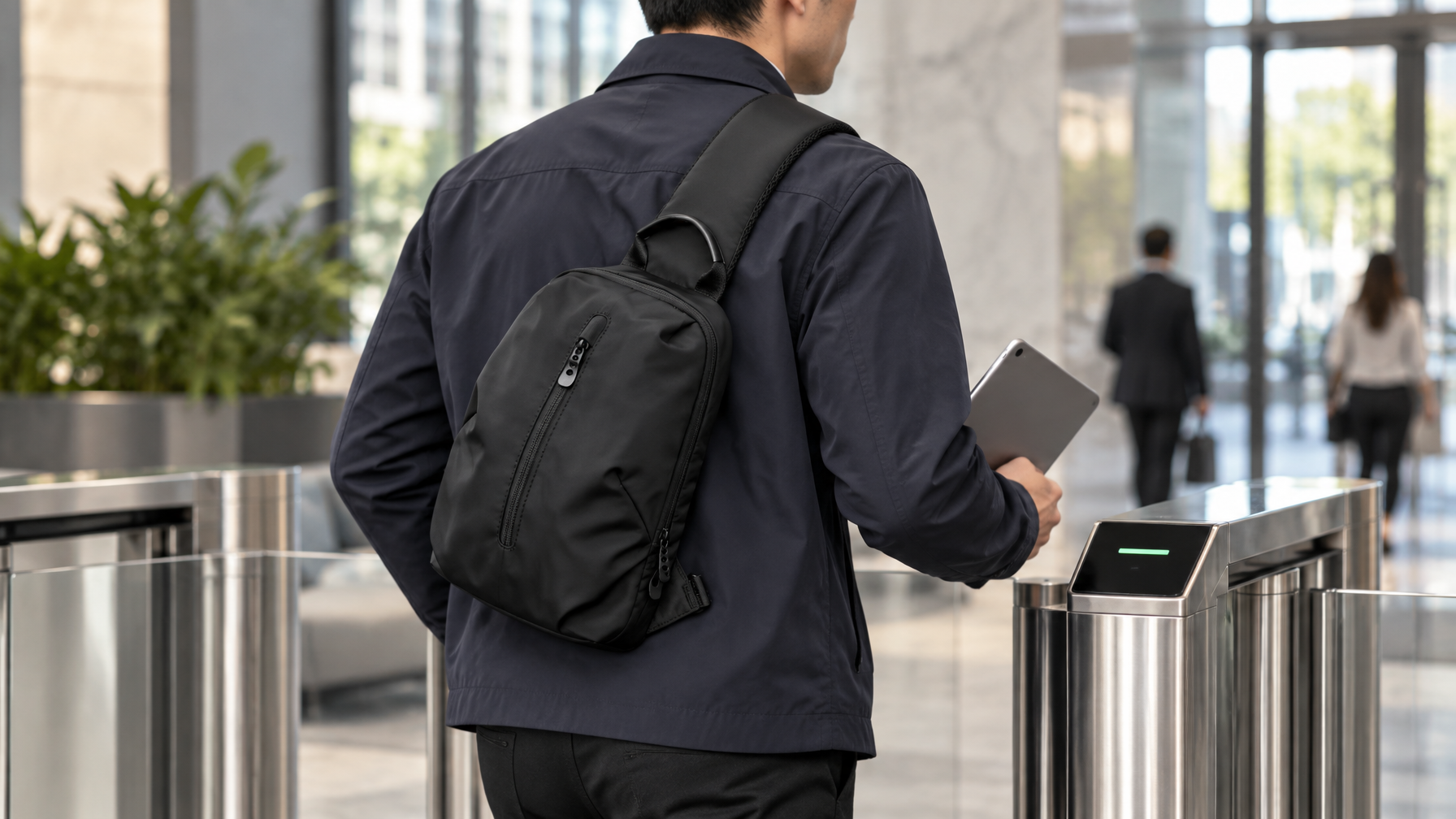 Person wearing a black sling across the chest while holding a tablet at an office lobby turnstile
