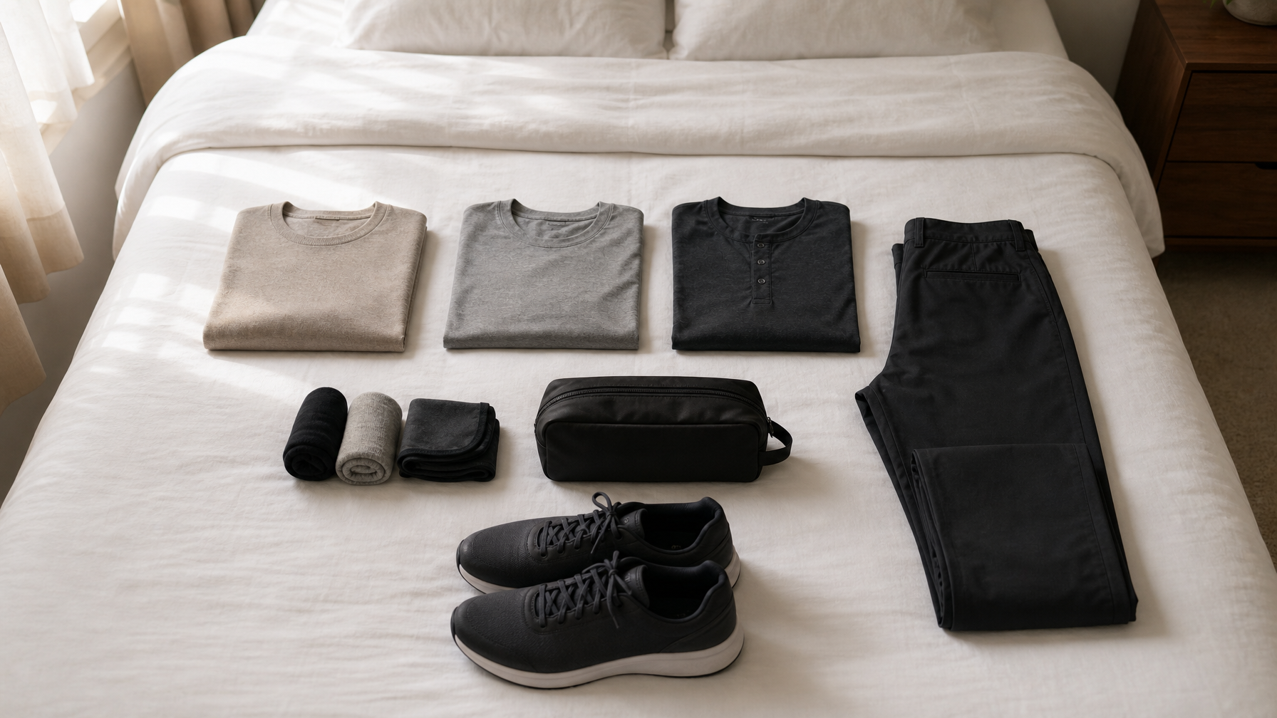 Travel clothing laid out on a white bed in organized flat-lay before carry-on packing — neutral merino tops, one pair of trousers, minimal toiletry pouch, versatile sneakers