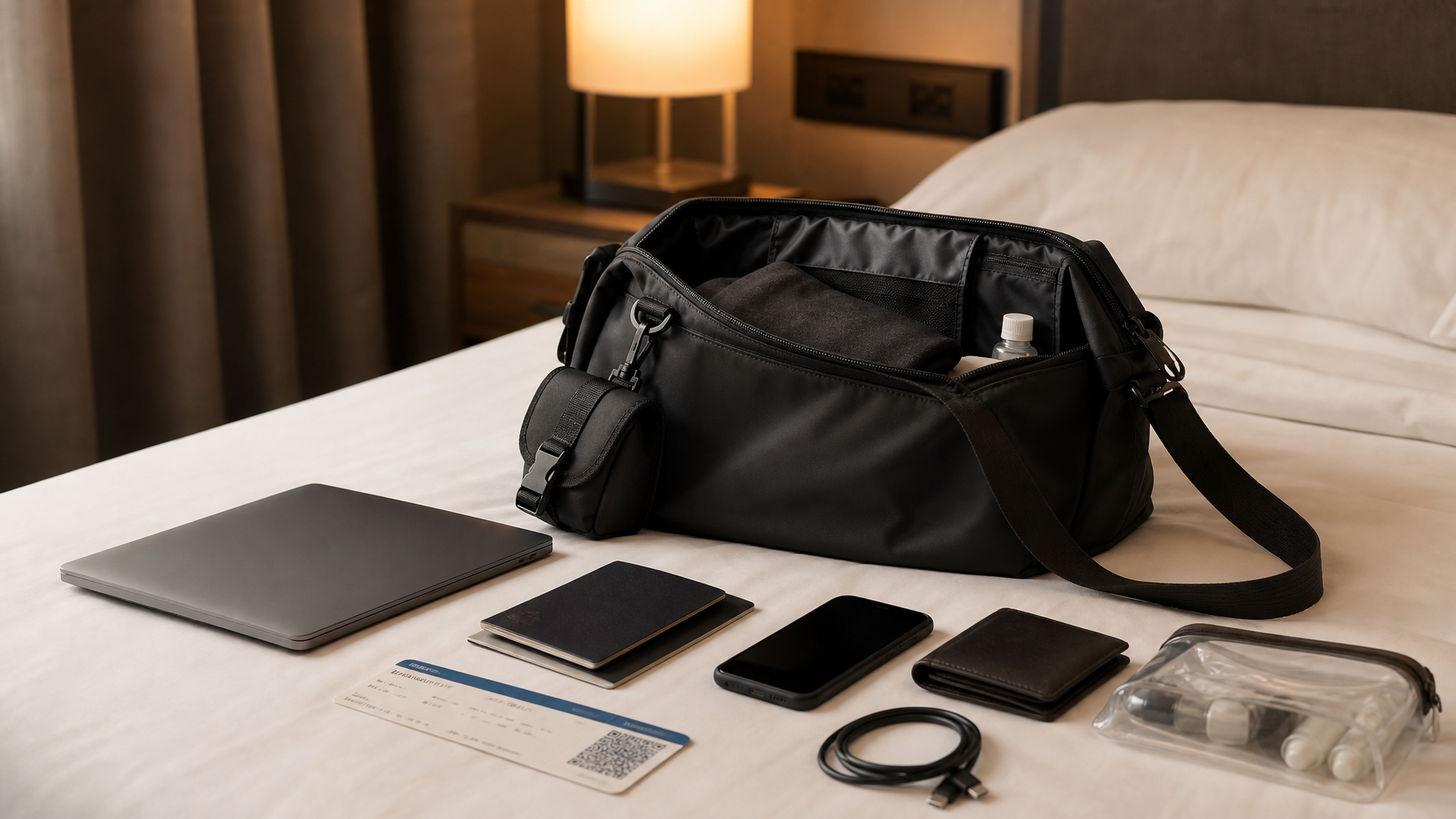 Night-before flight staging on a hotel bed: open dark personal bag with passport sleeve, phone, wallet, clear liquids pouch, and closed laptop nearby