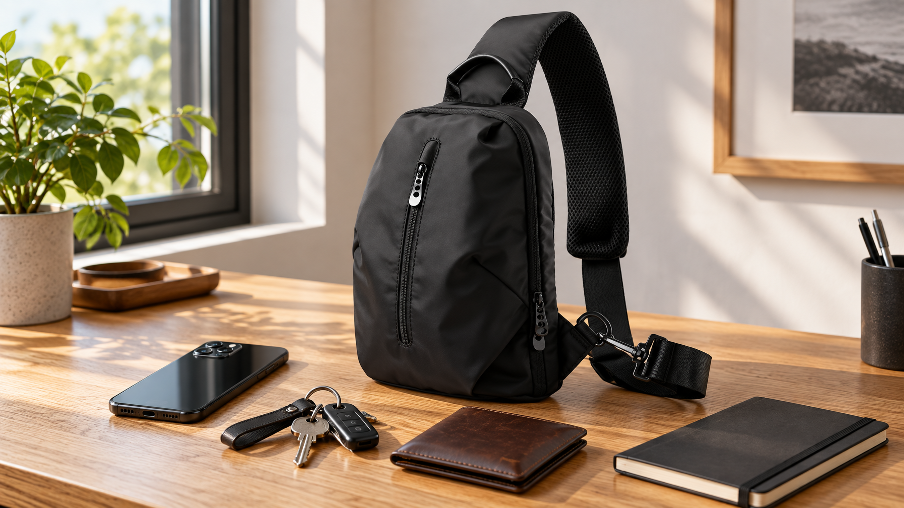Black tablet sling still life with phone, wallet, keys, and a slim notebook, no laptop in the frame