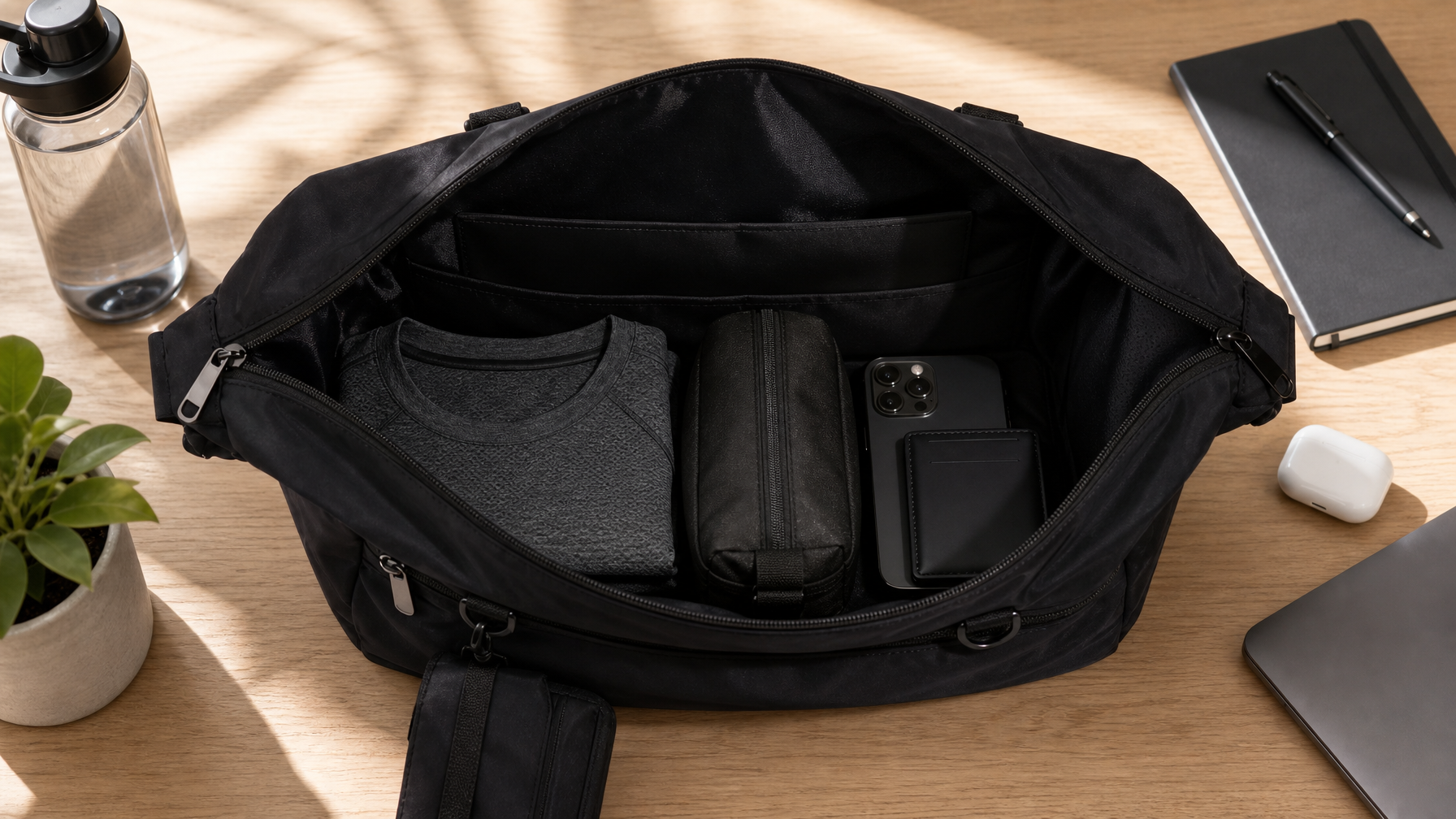 Overhead still life of an open matte black messenger bag with athletic shirt, toiletry pouch, phone, and wallet arranged for a gym-to-office pack