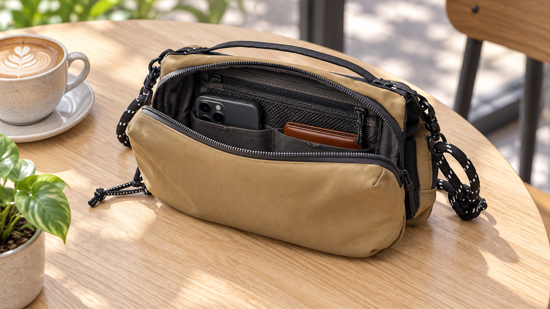 Open compact 1.5L crossbody on a cafe table with a phone and slim wallet in the main well
