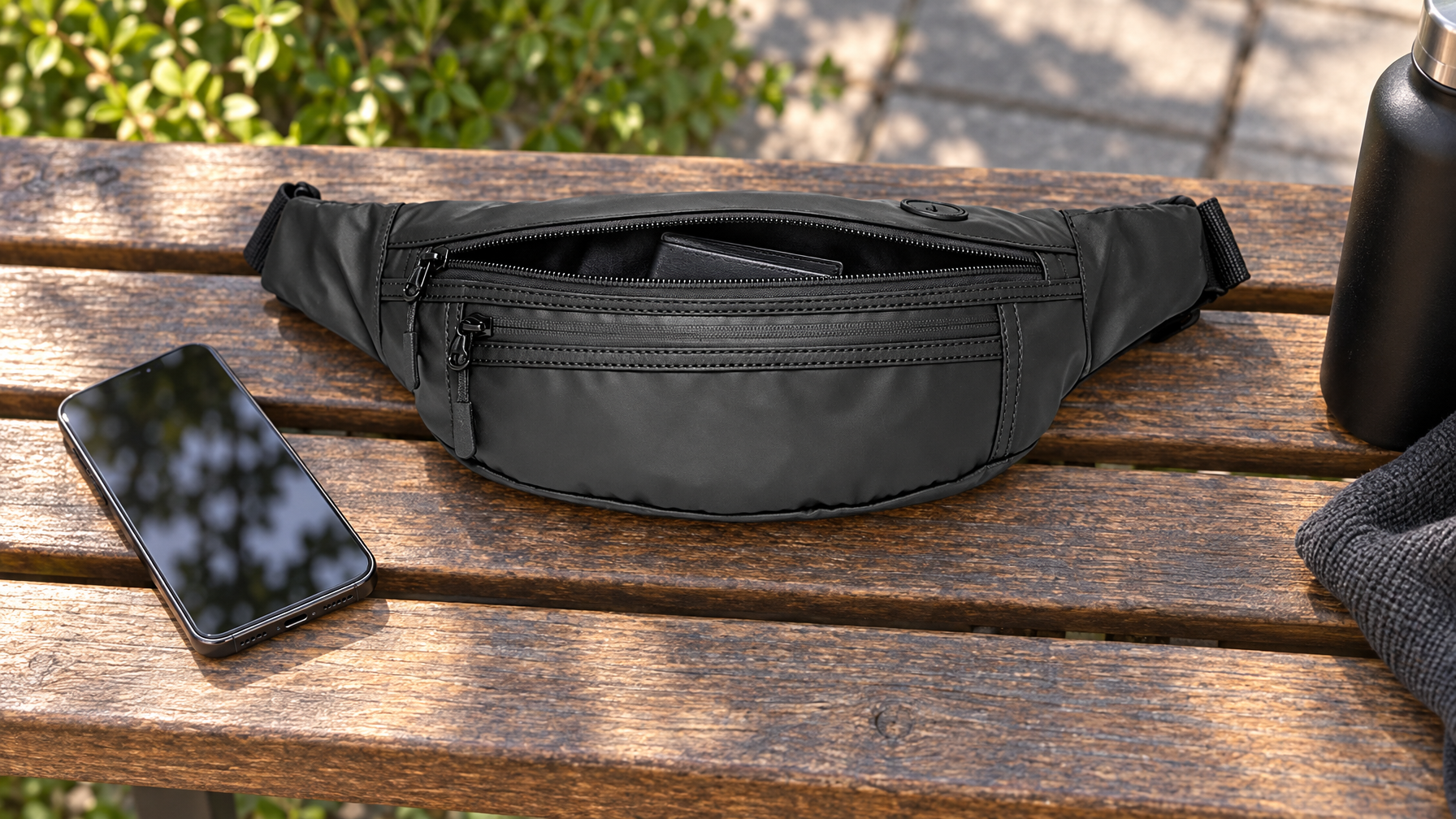 Black waist pack on a wooden bench with the zipper open enough to show the interior slot and a phone beside it