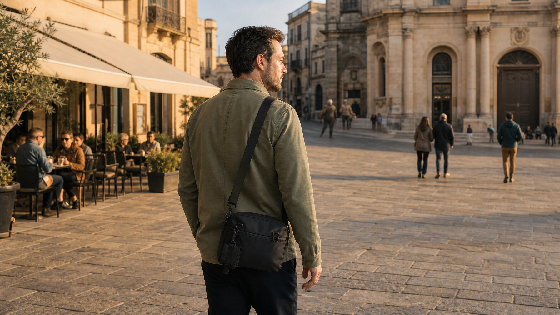 Caucasian male traveler late 30s exploring a European stone plaza in late afternoon golden light, matte black crossbody messenger bag worn at hip level, stone-paved square with warm architecture in background