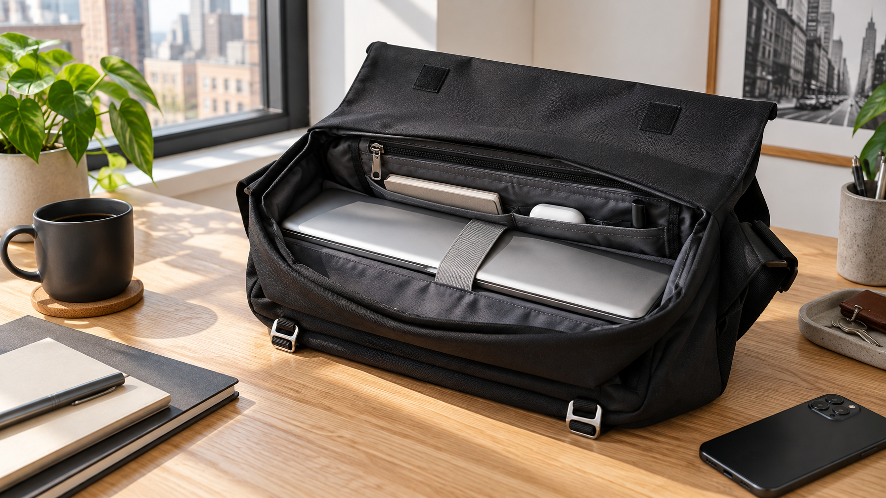Open black fold-over flap messenger with a closed laptop in the padded sleeve on a light oak desk