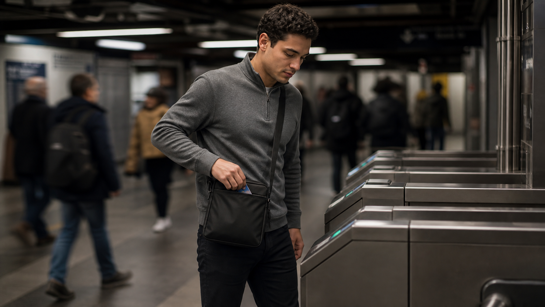 Man in smart-casual at a subway turnstile, one hand reaching into the front pocket of his compact matte black crossbody bag. Quick transit card access without stopping