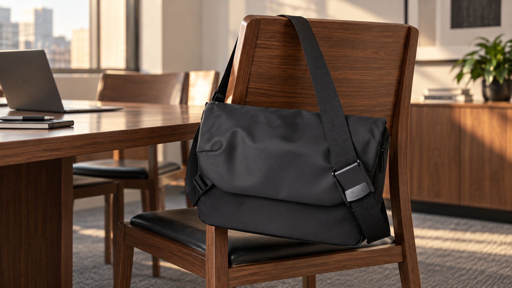 Black slim flap laptop brief hanging on a wooden conference chair by a single padded crossbody strap