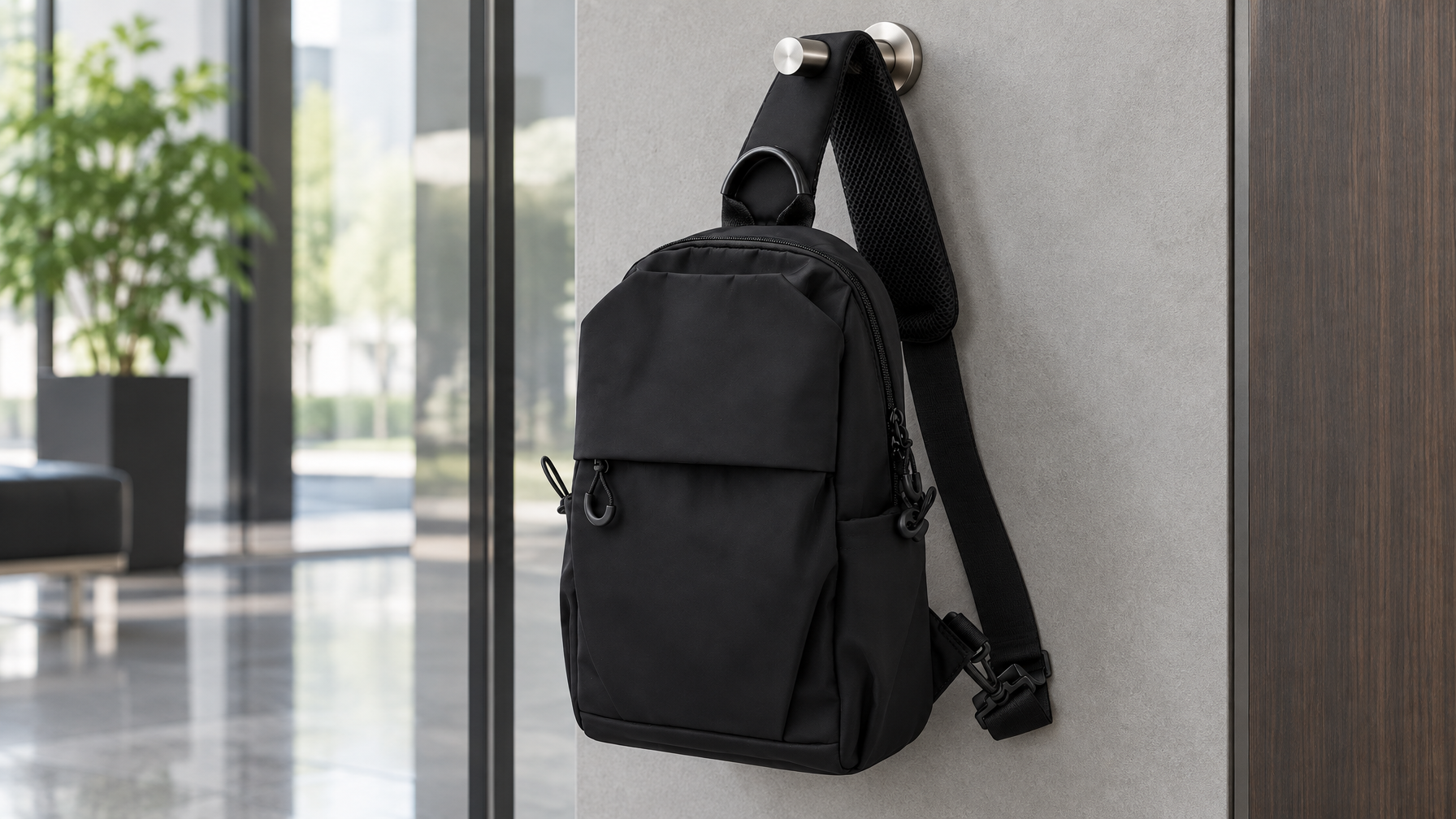 Closed black Vector Sling hanging from a metal office-lobby hook by its single padded strap