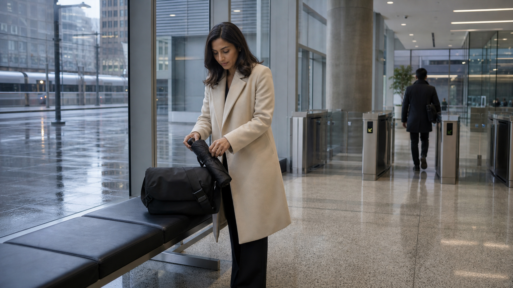 Person in an office lobby setting a slim black bag on a dry bench and keeping a wet umbrella away from the bag