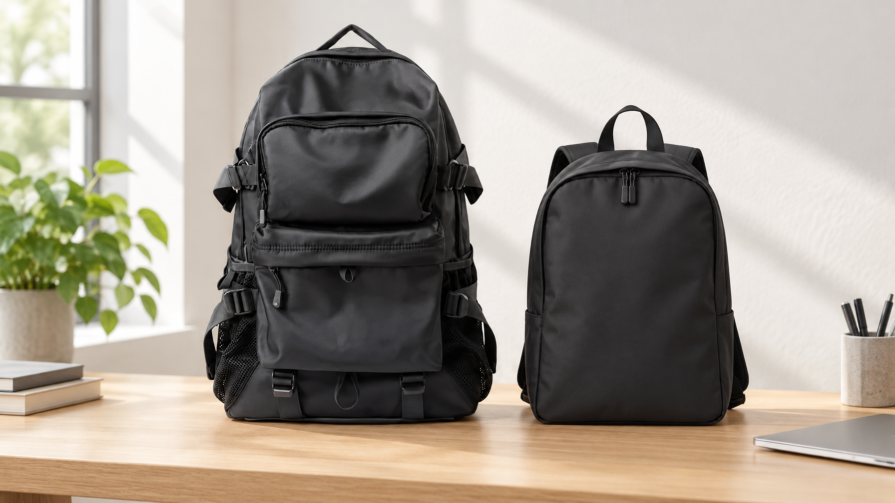 Black Apex dual-compartment multi-layer backpack standing beside a simpler single-sleeve slim laptop pack on a light oak desk