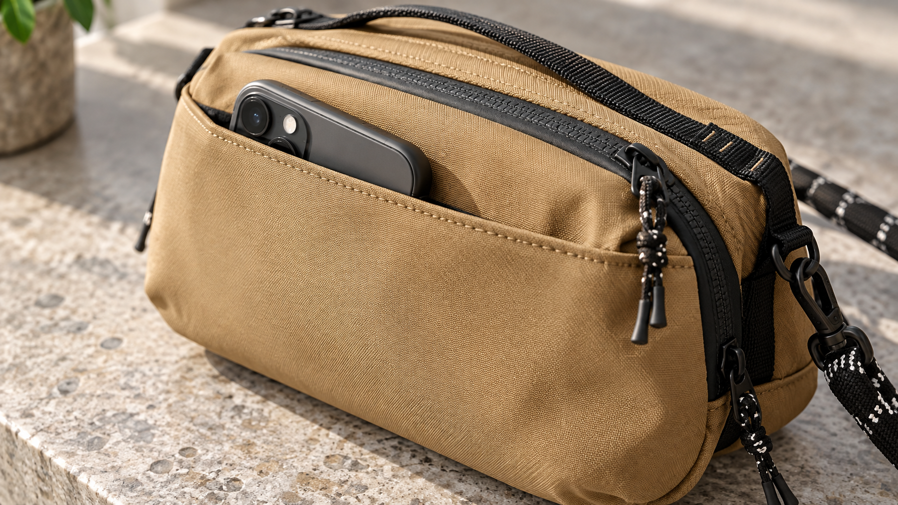 Detail of compact crossbody exterior slip pocket and zipper on a stone counter