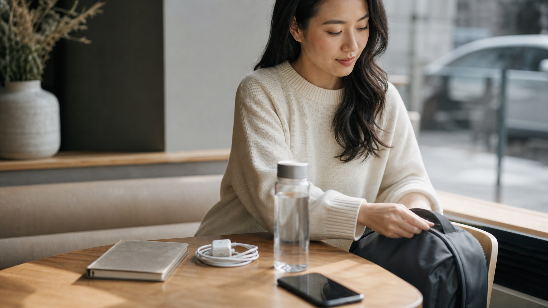 Woman at a quiet coffee shop table arranging notebook, charger, water bottle, and phone for a compact daypack