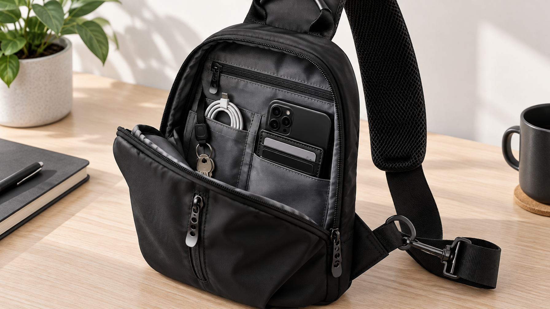 Open black commuter sling on a desk showing phone, slim wallet, keys, and a short cable in interior pockets