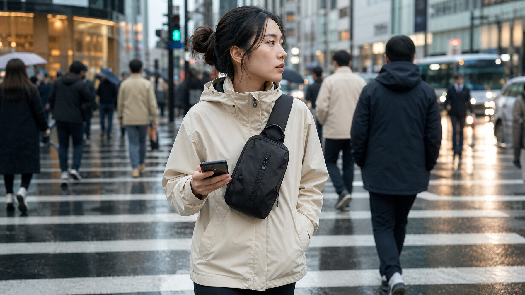 Urban pedestrian crossing a wet city street with a slim black sling bag worn close to the body