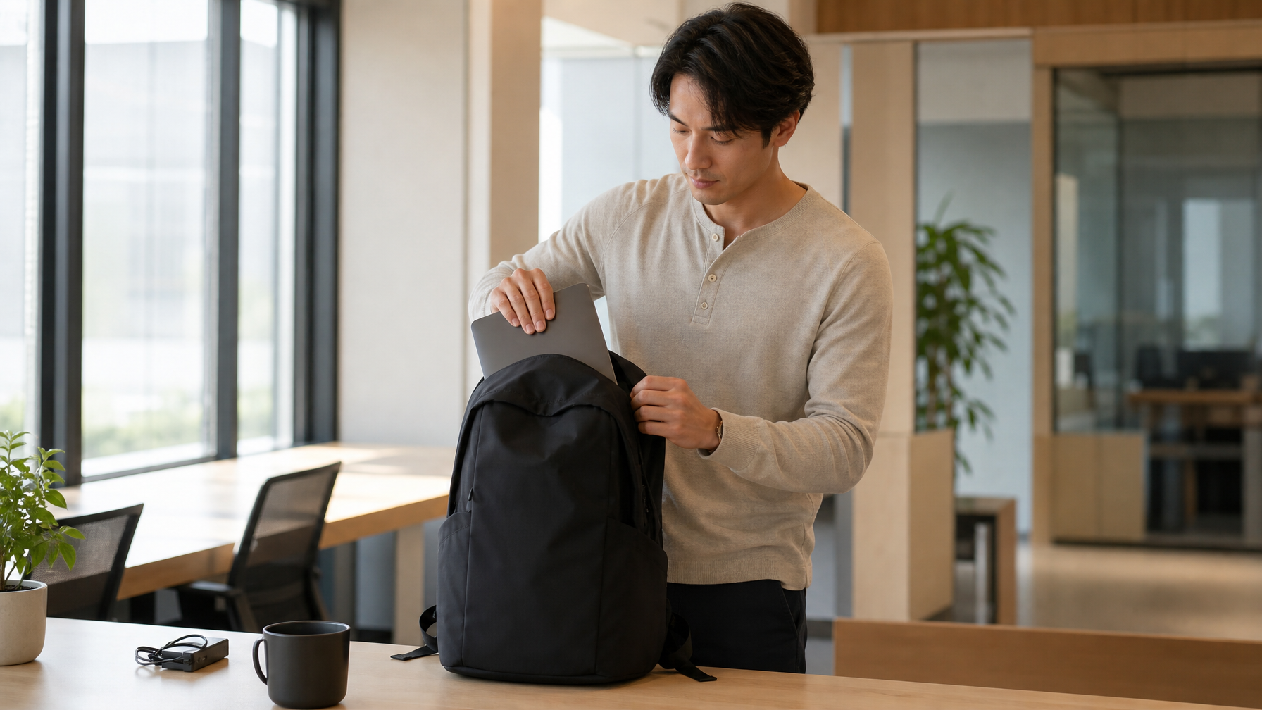 Man packing a laptop and single charger into a lightweight black backpack at a co-working standing desk