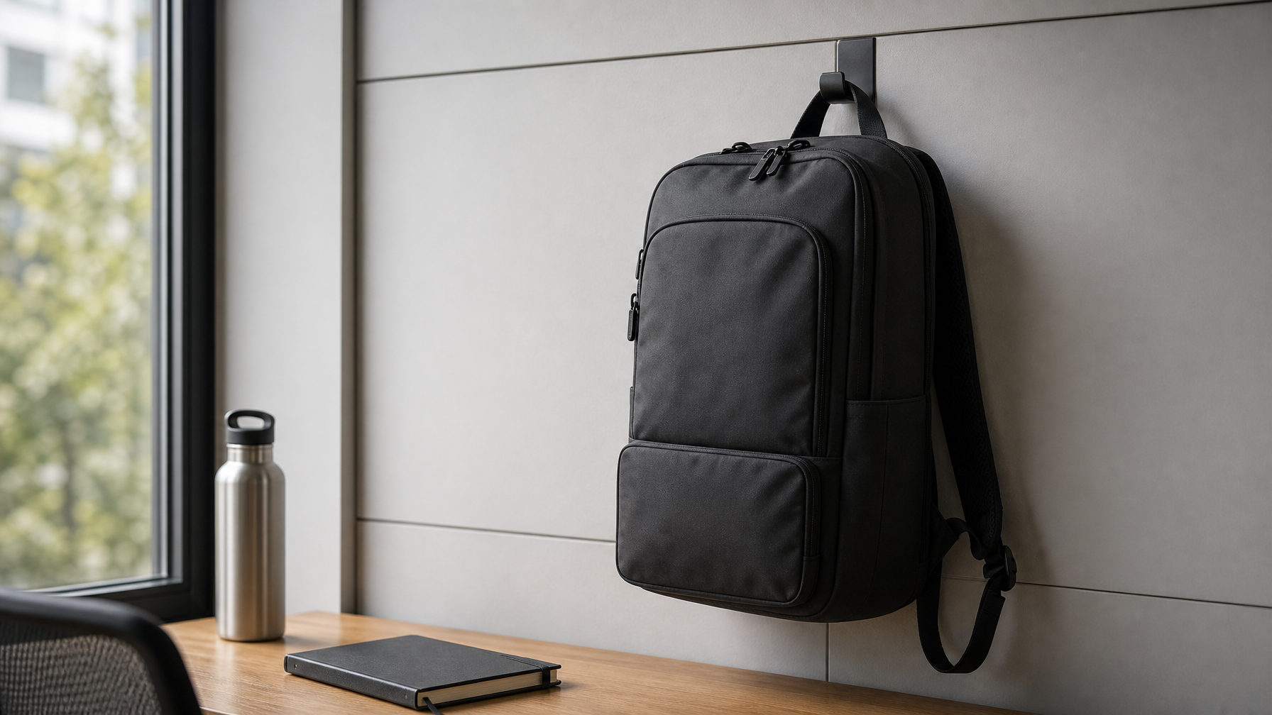 Large matte black backpack hanging from a wall hook at an office desk workspace, below it a tidy desk corner with water bottle and notebook. The bag at home in its daily spot
