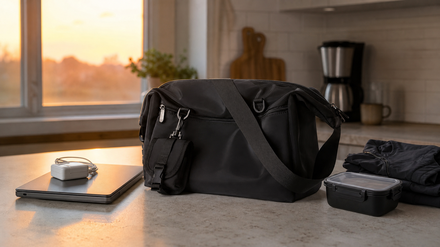 Kitchen counter at dawn with a laptop pile and a rain-shell pile beside a closed black messenger