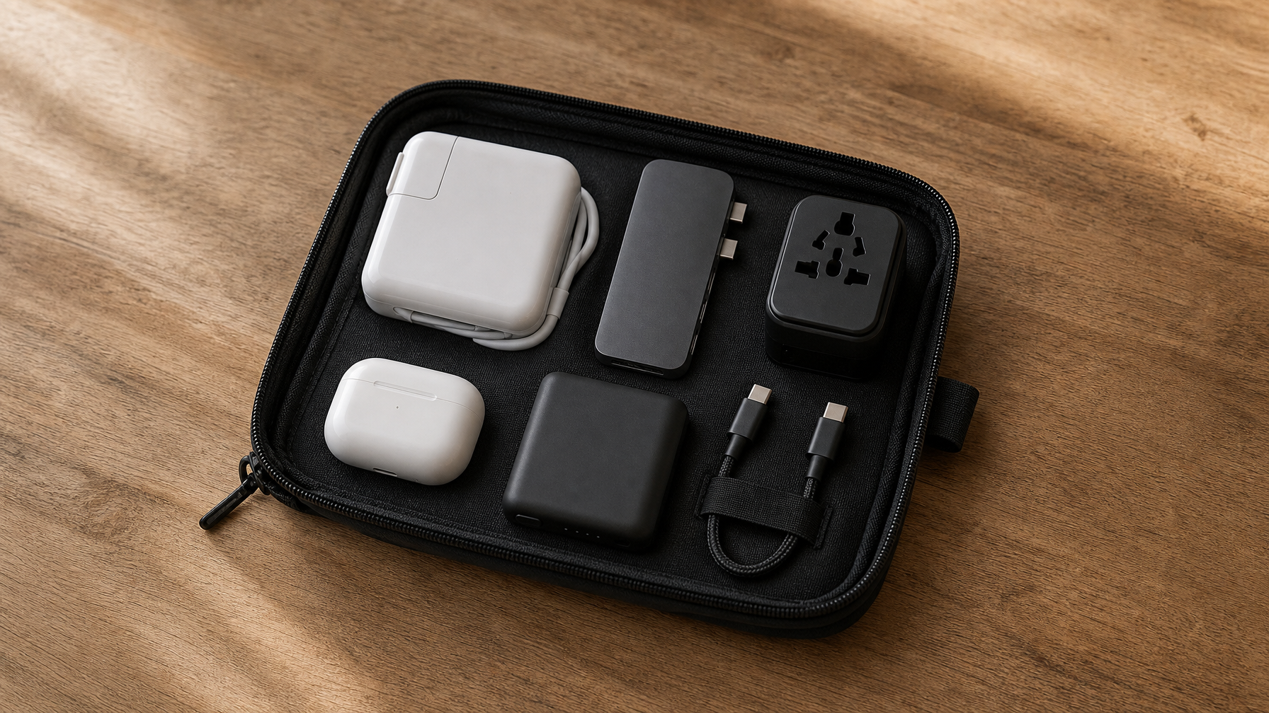 Six travel tech essentials — charger, USB-C hub, travel adapter, earbuds case, power bank, and cable — arranged beside a single small organizer pouch on a warm wooden surface.