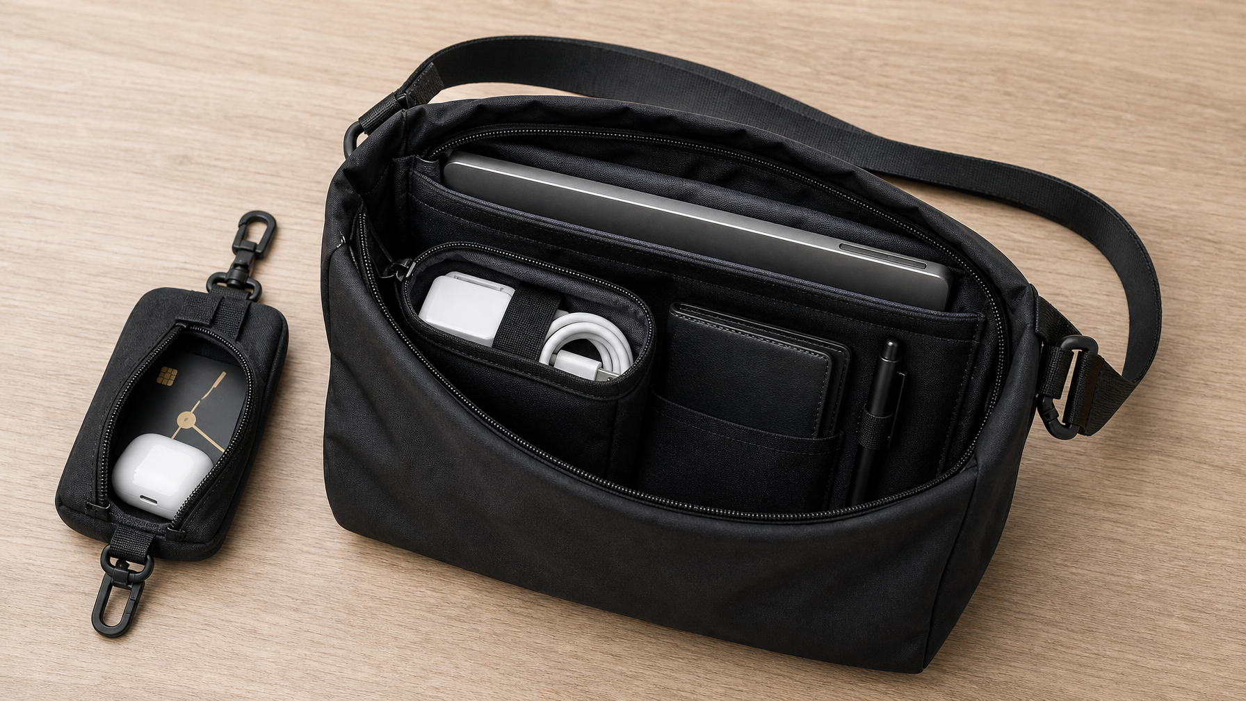 Open matte black crossbody messenger bag showing organized interior — laptop sleeve, tech pouch, wallet slot all in place on wooden surface