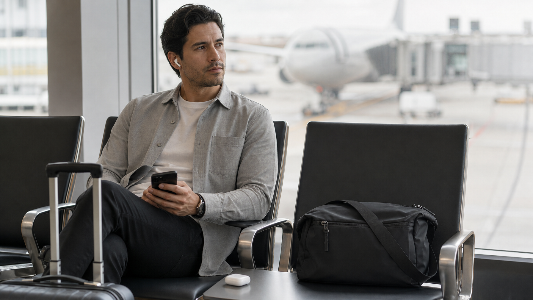Calm airport gate seating by large windows with a closed personal bag on the seat and a carry-on upright beside a traveler