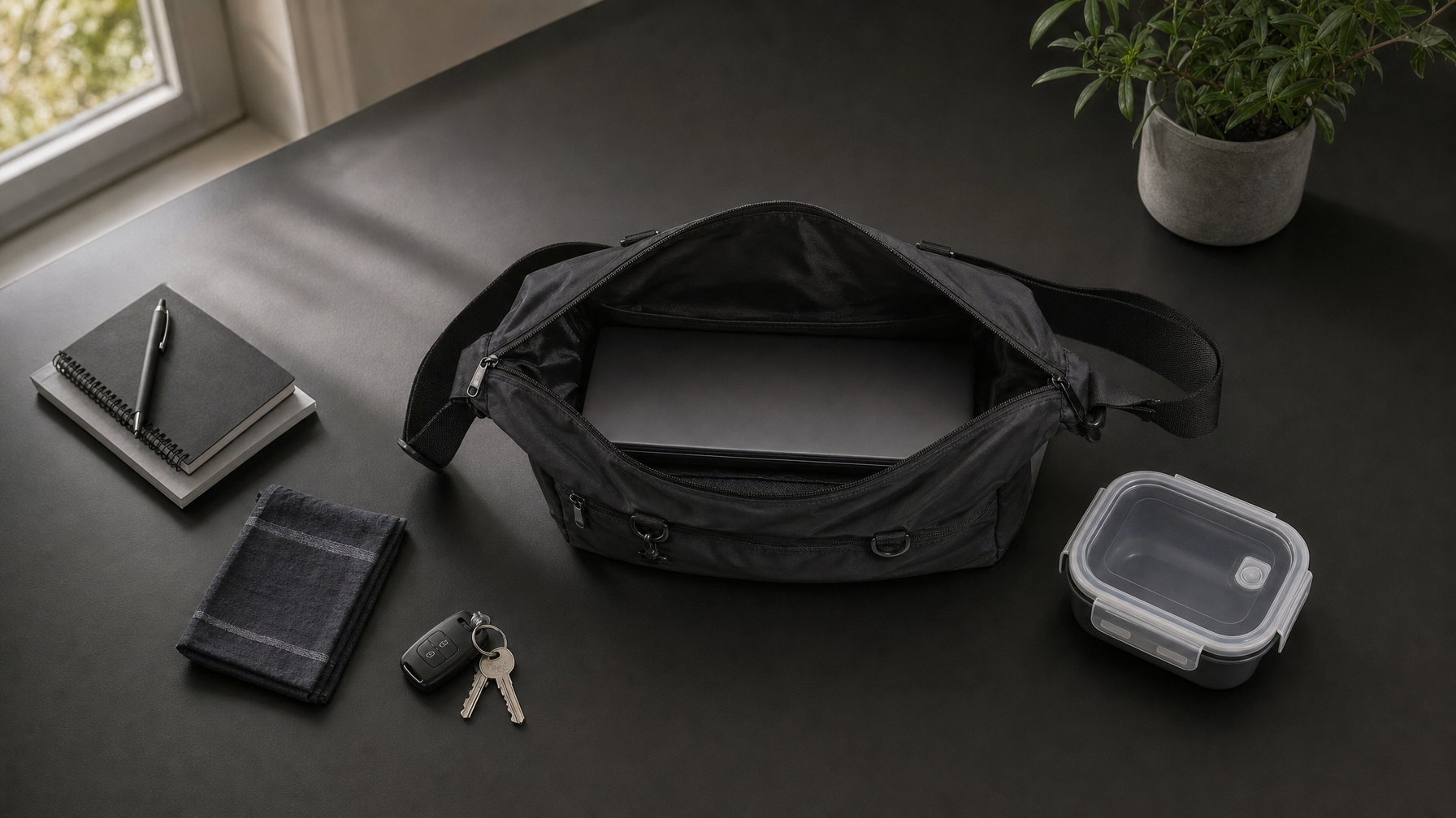 Overhead of a desk with a closed laptop, sealed lunch container, napkin, keys, and an open black messenger showing an unpartitioned main cavity