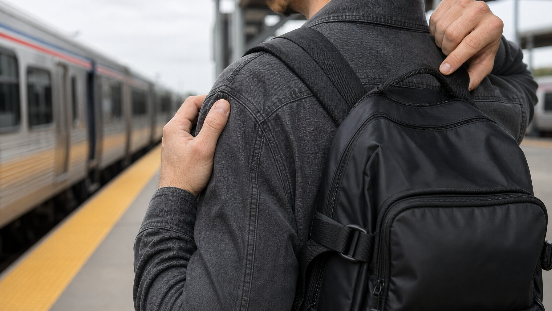 Hands adjusting the shoulder strap of a black laptop backpack on a bright transit platform
