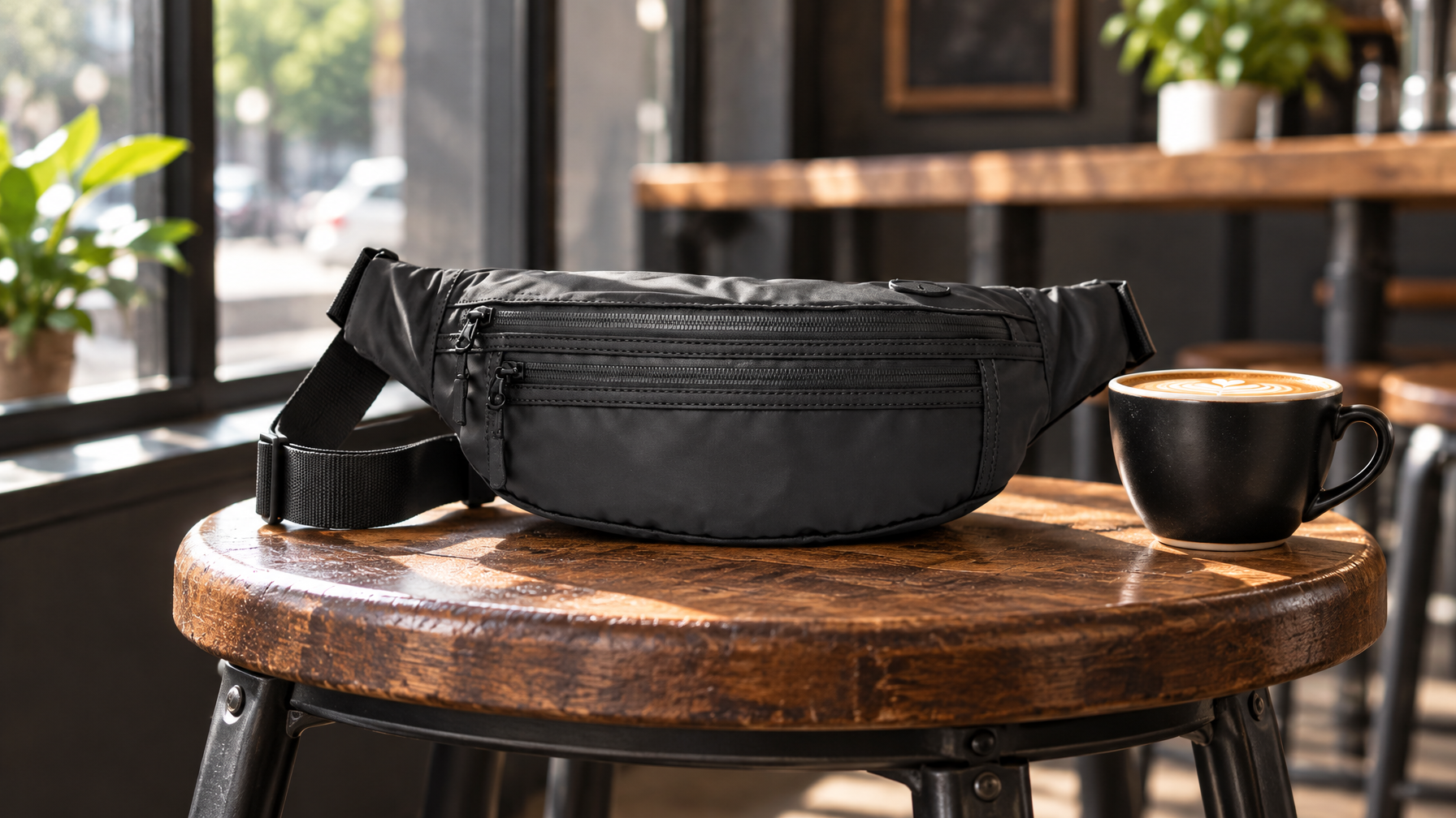 Black waist pack on a cafe stool next to a coffee cup with the strap coiled