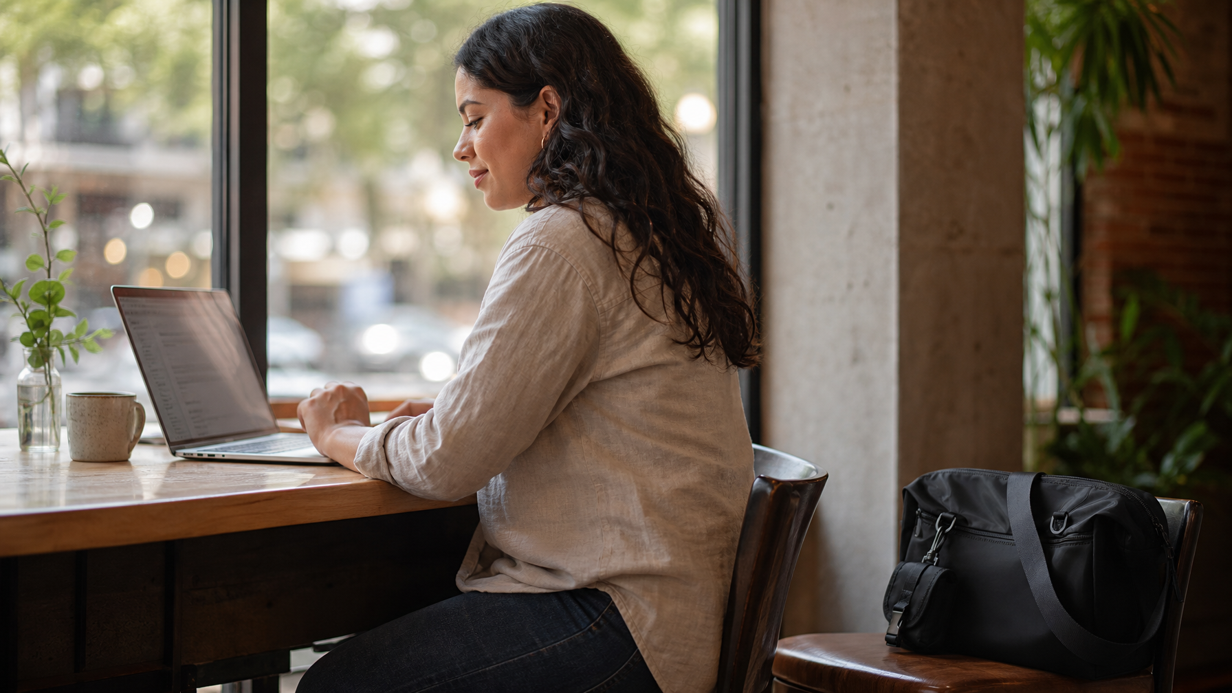 Latina woman in her mid-30s at a coffee shop window seat with a laptop open in front of her, Haven Messenger resting on the adjacent chair