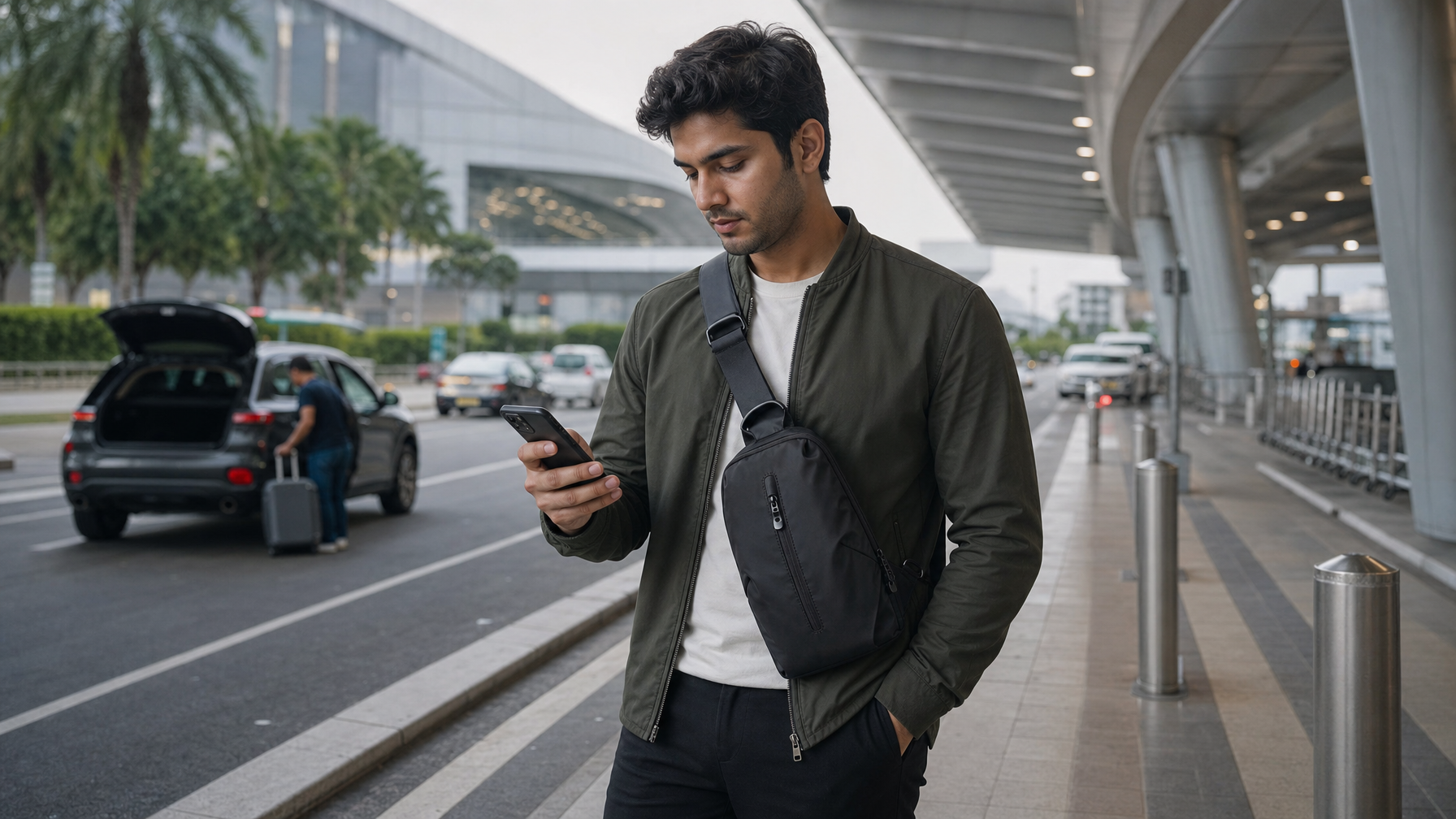 Man at a curb pickup zone checking a ride on his phone with a small black sling across the chest