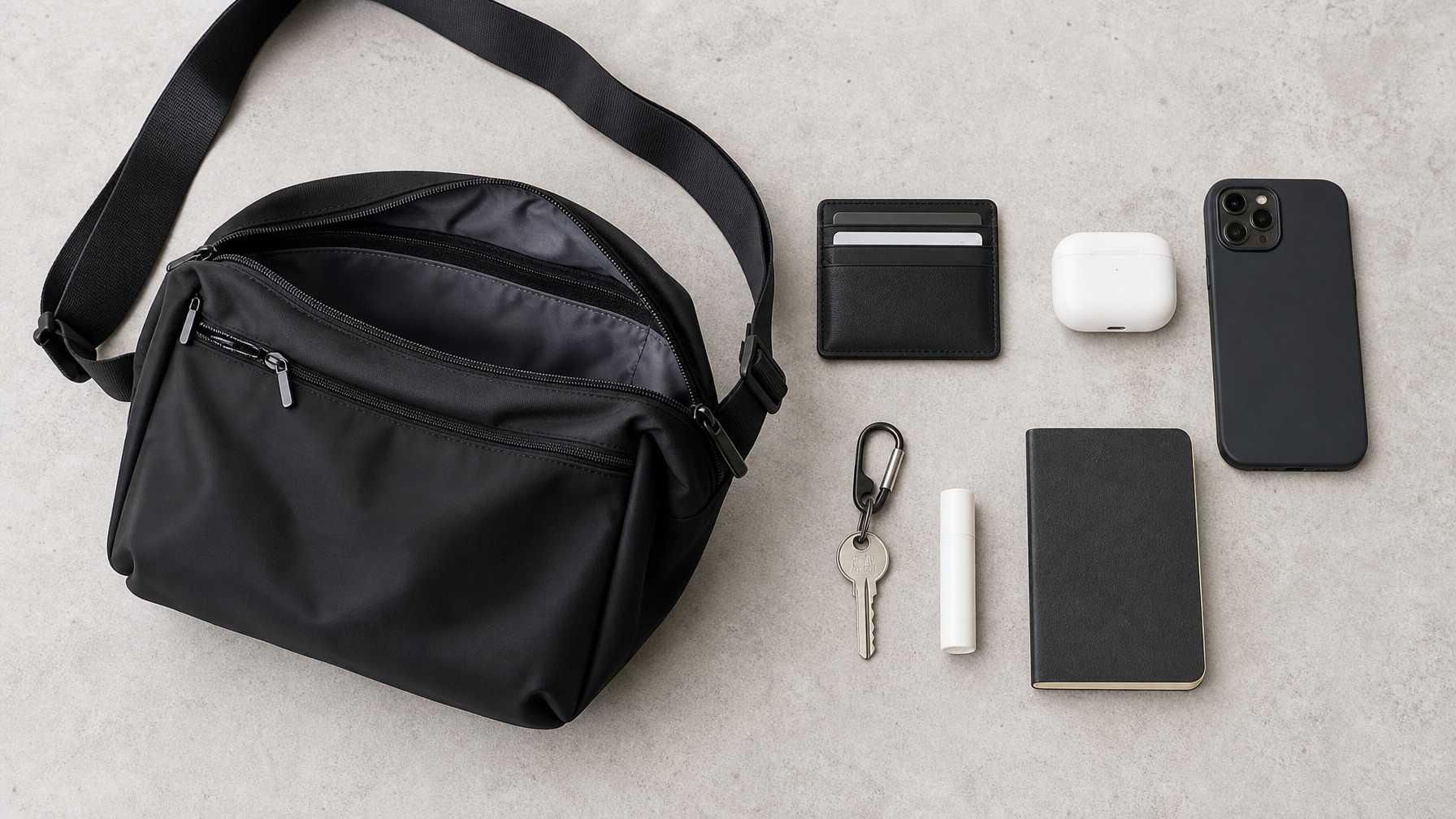Overhead flatlay of a compact black crossbody bag open on a pale concrete surface, with everyday carry items arranged beside it: slim wallet, earbuds, phone, keys, lip balm, and a small notebook