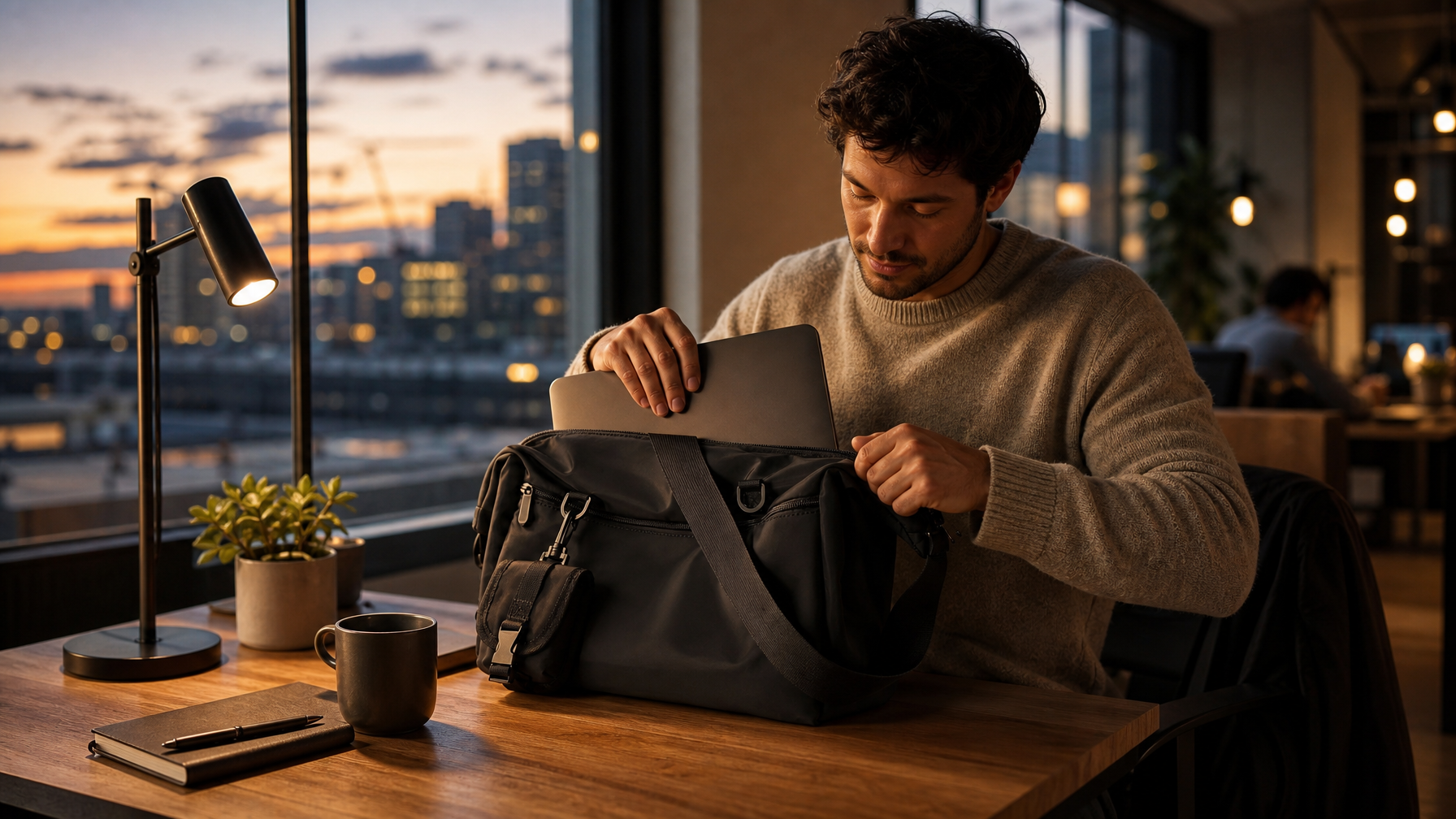 End of day at a coworking window desk as a person closes a black messenger bag at golden hour