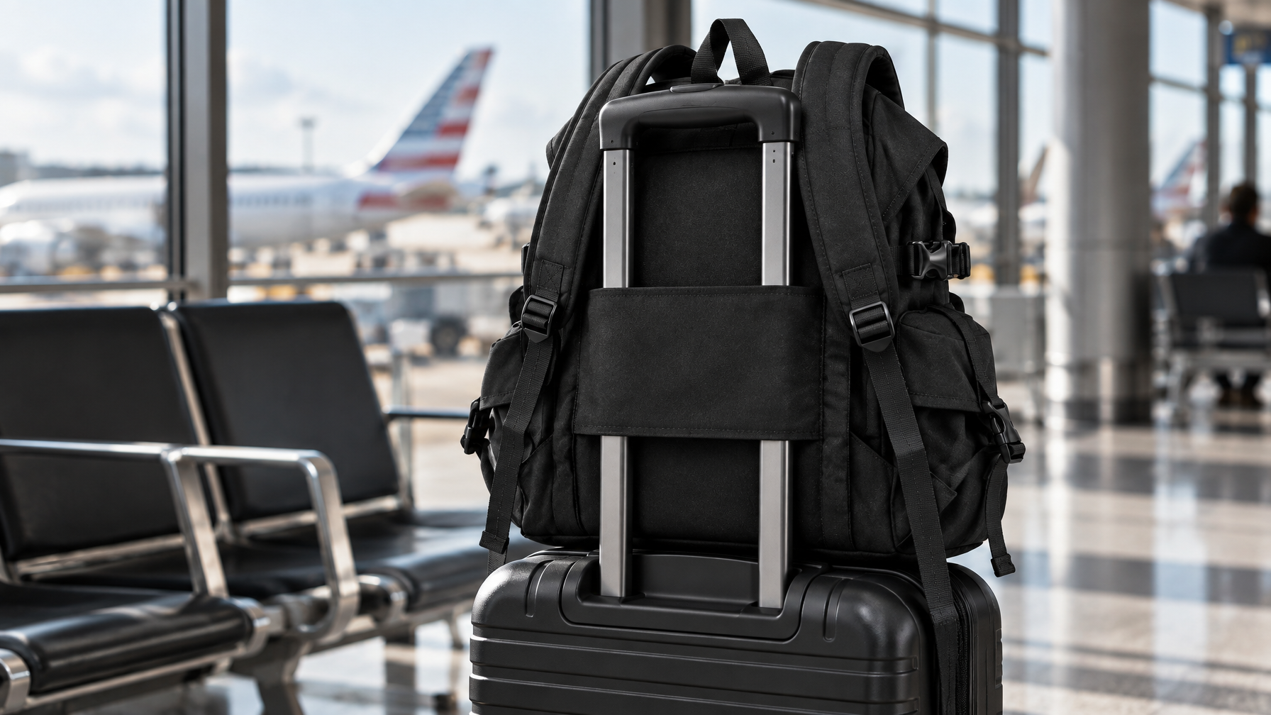 26L backpack luggage pass-through sliding onto a rolling suitcase handle