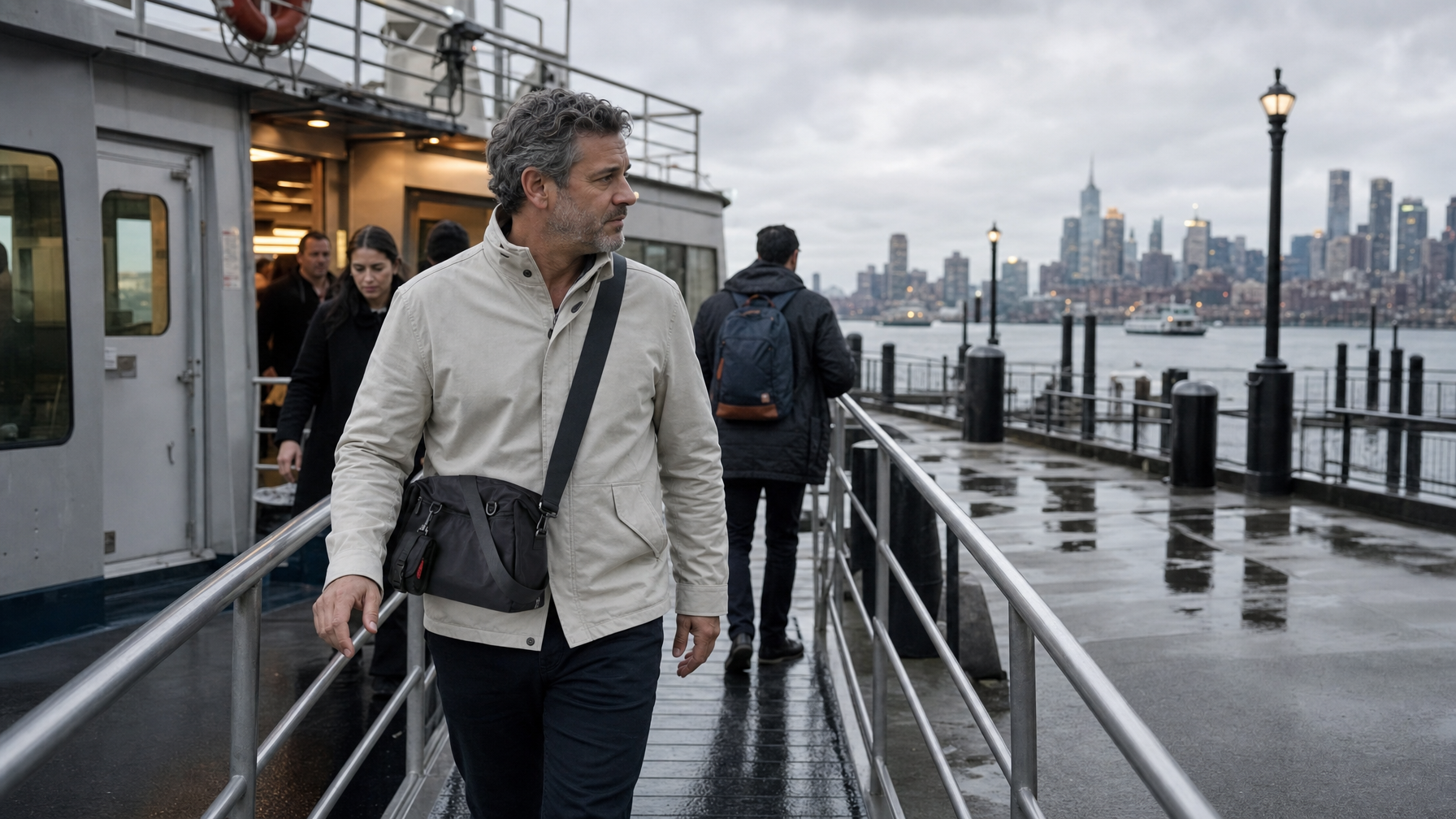 Commuters walking a wet gangway from a ferry onto a city pier, one man in a cream jacket wearing a black messenger crossbody with a free hand on the rail