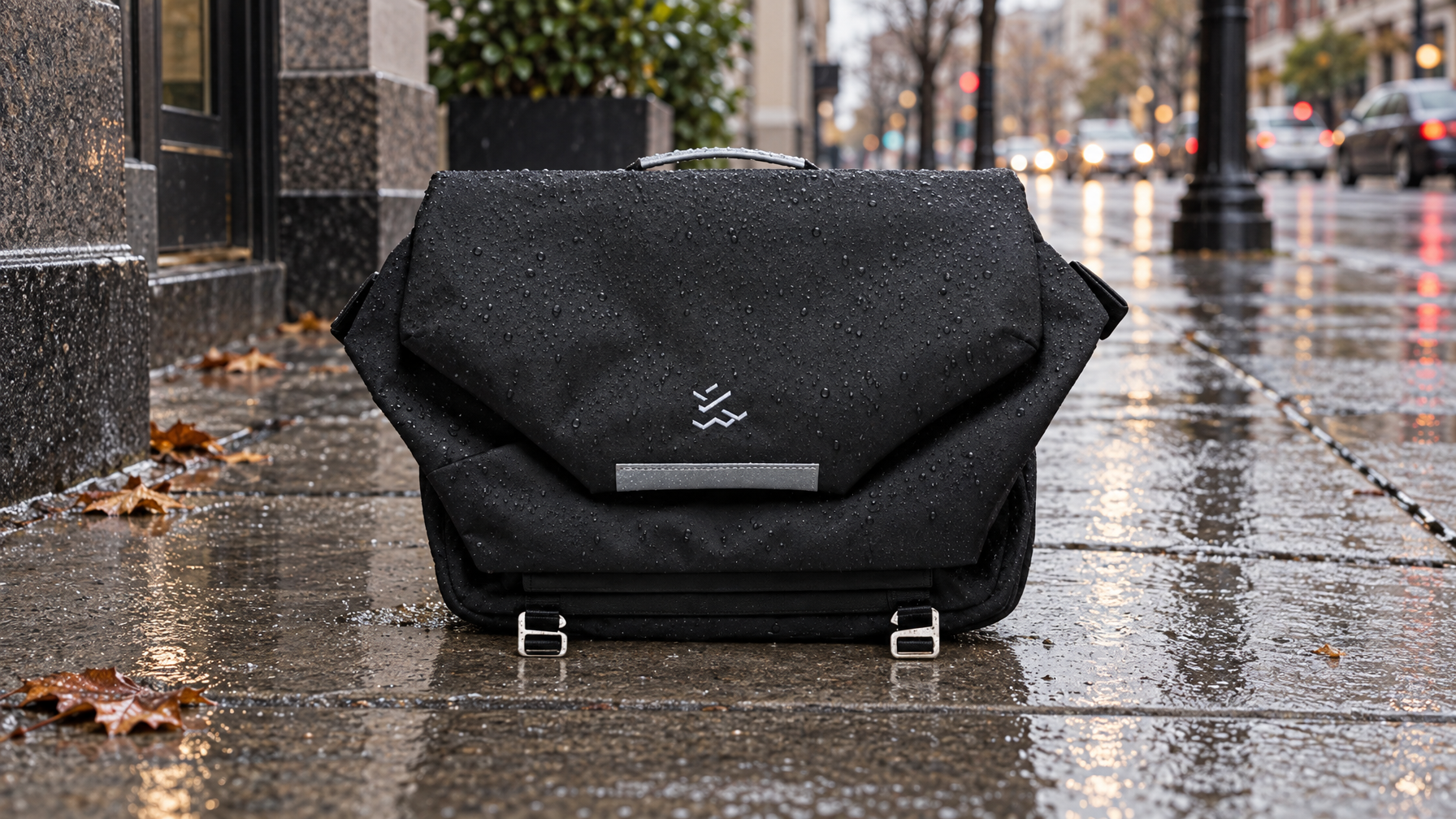 Black 600D Oxford messenger on a wet American city sidewalk after light rain, water beading on the fabric