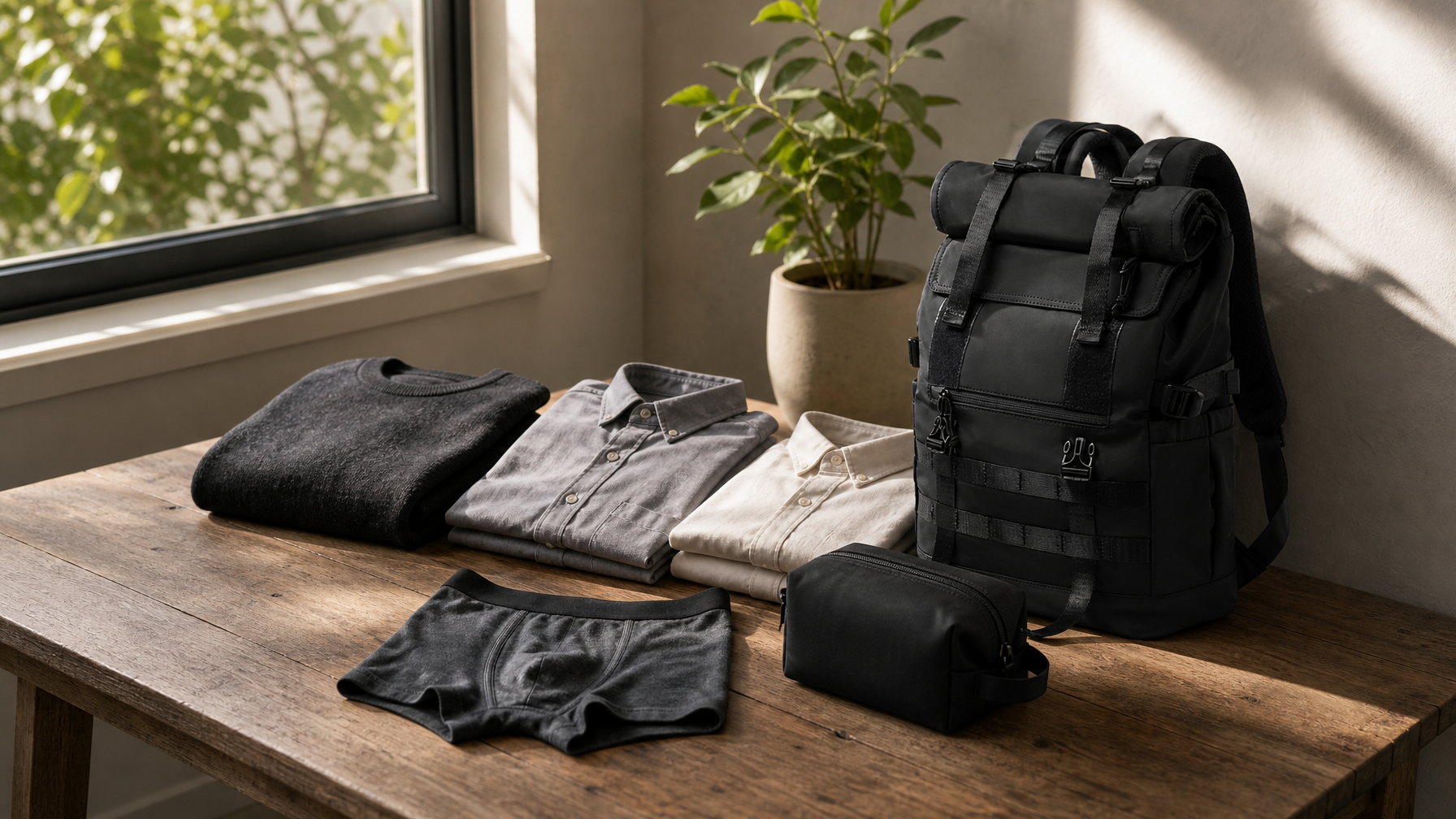 Open notebook with a short weekend trip plan next to a closed dark travel backpack on a kitchen counter