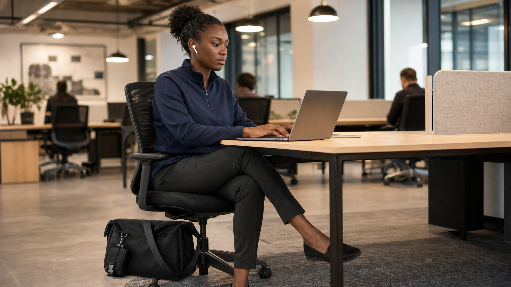 Black woman in her early 30s at a co-working hot desk, wireless earbuds in, focused on laptop screen, dark crossbody bag on the floor beside her chair