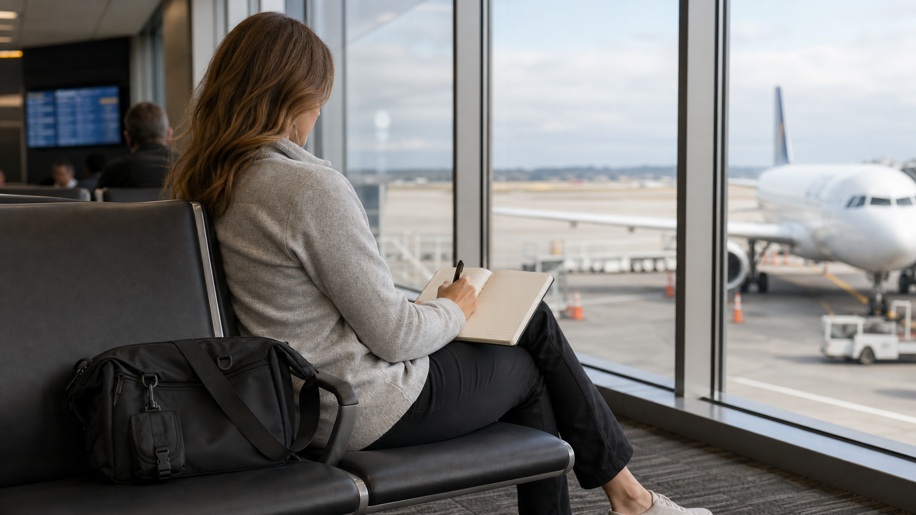 Woman in her mid-30s at an airport departure gate writing in a notebook, dark structured crossbody bag closed on the adjacent seat, plane visible through large terminal windows